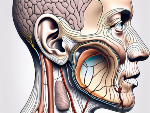 The human ear anatomy highlighting the vestibular nerve and indicating the caloric stimulation process