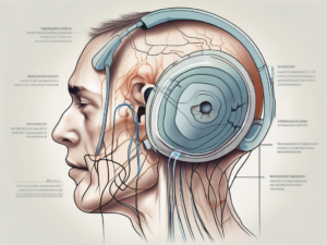 An ear cross-section showing a damaged vestibular nerve with various assistive listening devices around it