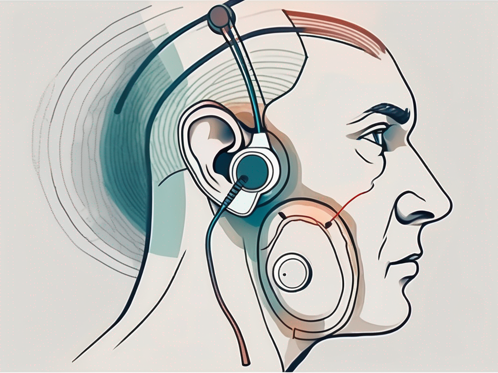 An ear with a highlighted vestibular nerve and an audiometer