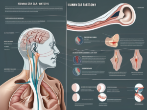 A human ear anatomy highlighting the vestibular nerve and its connection to the brain